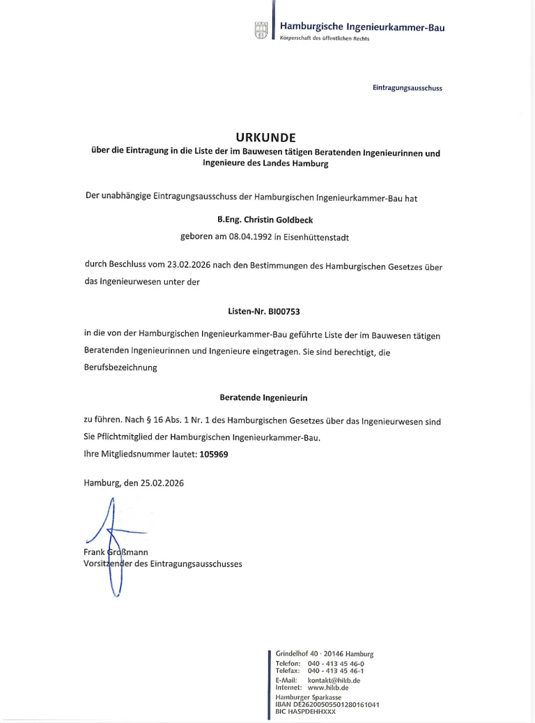Urkunde der Hamburgischen Ingenieurkammer-Bau über die Eintragung als der im Bauwesen tätigen Beratenden Ingenieurin Christin Goldbeck