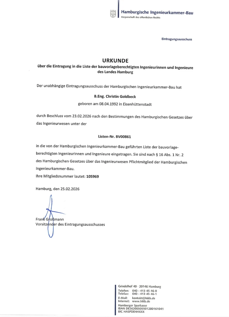 Urkunde der Hamburgischen Ingenieurkammer-Bau über die Eintragung als bauvorlageberechtigte Ingenieurin Christin Goldbeck