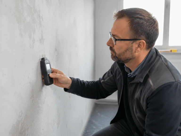 Energieberaterin prüft Bauteilfeuchte zur Schimmelvermeidung nach der Sanierung