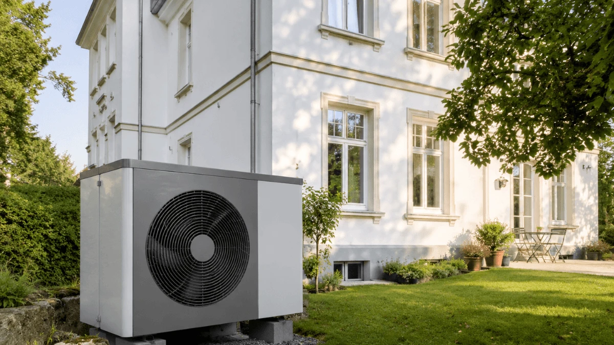Passt eine Wärmepumpe in mein Haus: Außengerät vor einem Bestandsgebäude
