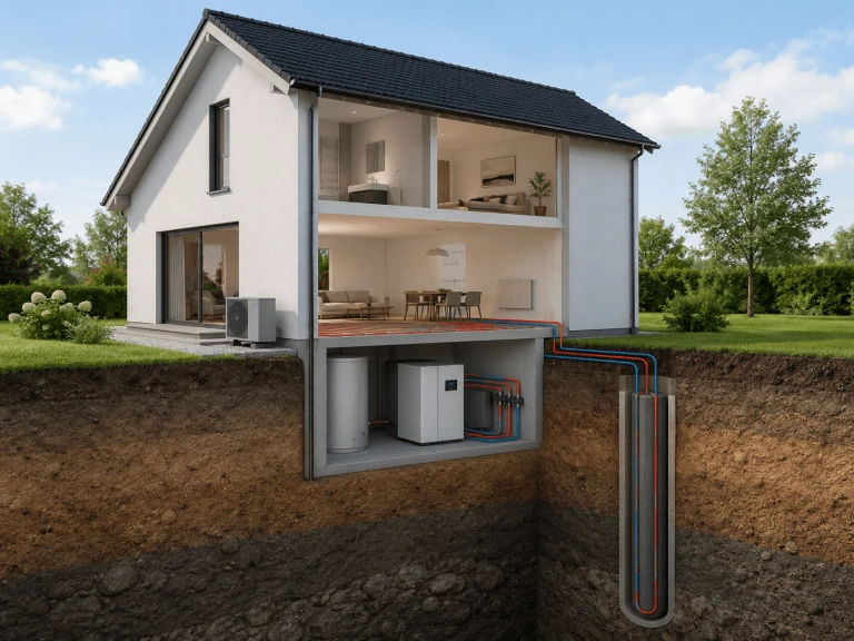 Sole-Wasser-Wärmepumpe mit Erdsonde im Garten eines Einfamilienhauses
