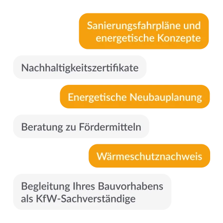 Energy Building Leistungen Sanierungsfahrplan Nachhaltigkeitszertifikate Beratung zu Fördermitteln Wärmeschuznachweis Baubegleitung