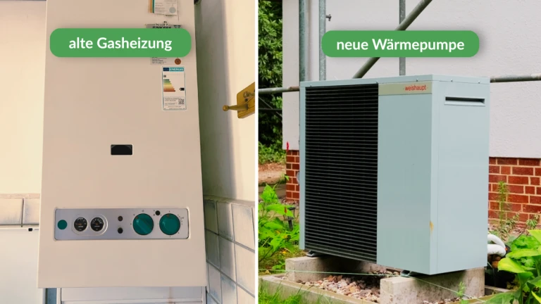 Vorher: alte Gasheizung, nachher: neue Wärmepumpe am Haus in Ahrensburg