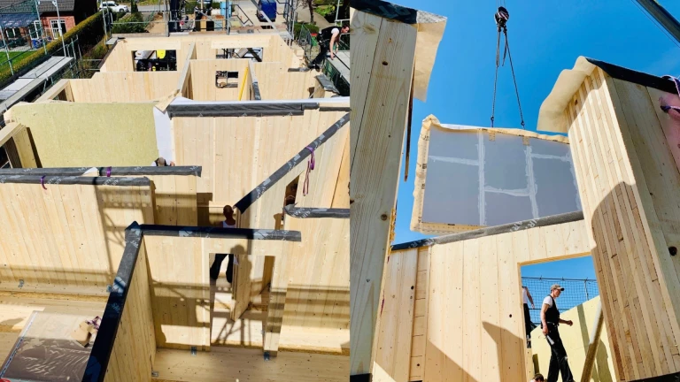 Zusammenbau der Holzteile des Neubaus in Massivholzbauweise vor Ort in Hamburg
